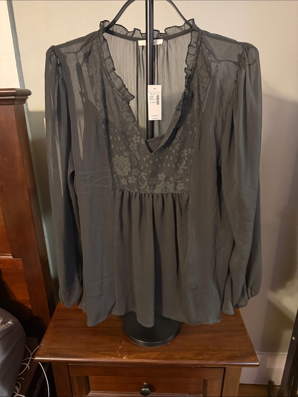 Maurices Charcoal Sheer Lace-Yoke Long Sleeve Blouse